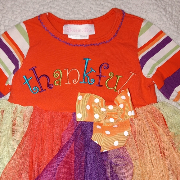 5 for $10 Bonnie Baby Colorful Striped Sleeve Fluffy Thanksgiving Dress 12M - Picture 6 of 6